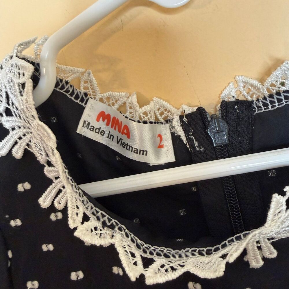 Mina size 2 black and white polka dot dress white lace trim white bow made in Vi - Picture 3 of 4